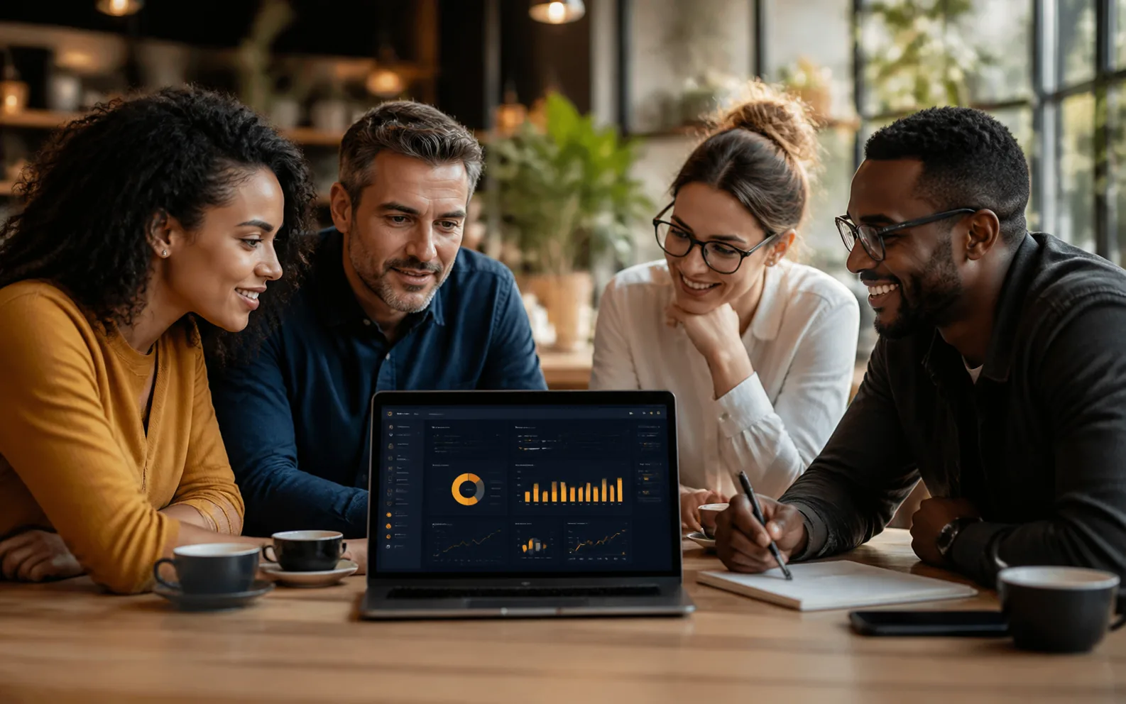 Four people gathered around a laptop during a training session.